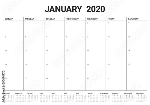 January 2020 desk calendar vector illustration