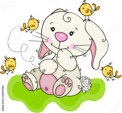 Cute bunny playing with yellow birds