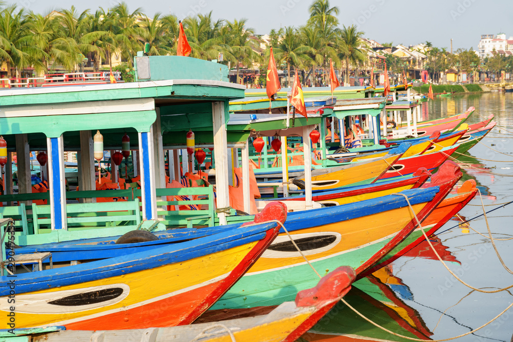 Awesome view of colorful traditional Vietnamese tourist boats