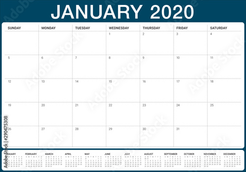 January 2020 desk calendar vector illustration