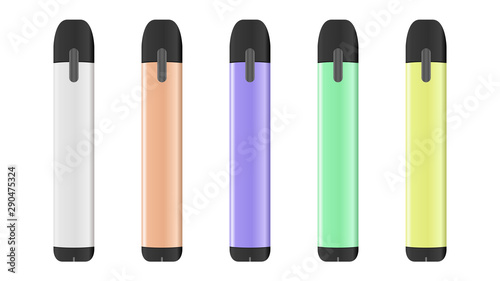Realistic electronic cigarette concept. Colorful vape pen mod. 5 color options. 