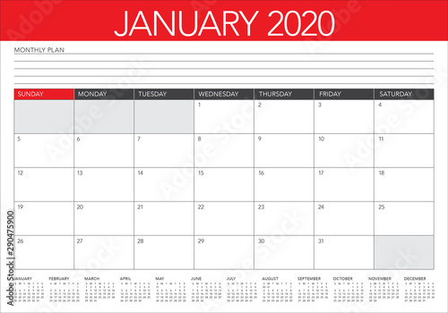January 2020 desk calendar vector illustration