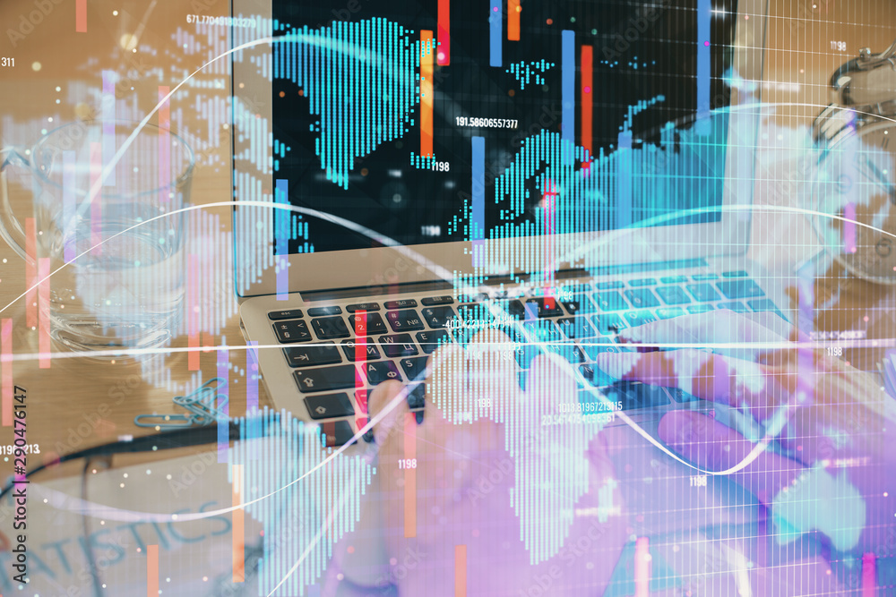 Multi exposure of businessman working on laptop on background. International business hologram in front. Concept of success. Multi exposure of businessman working on laptop on background. International business hologram in front. Concept of success.