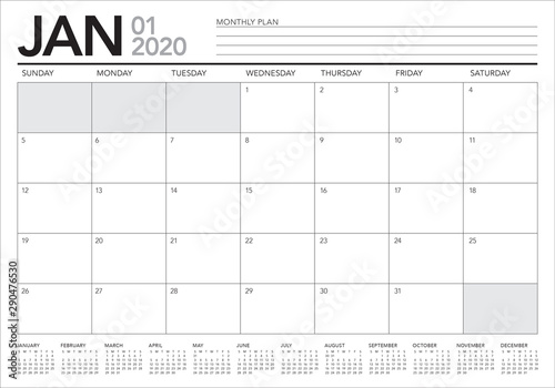 January 2020 desk calendar vector illustration