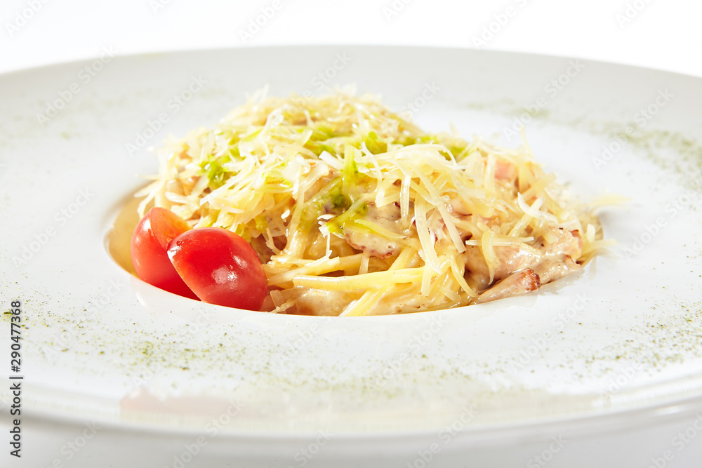 Delicious Spaghetti Carbonara with Grated Parmesan Cheese Isolated