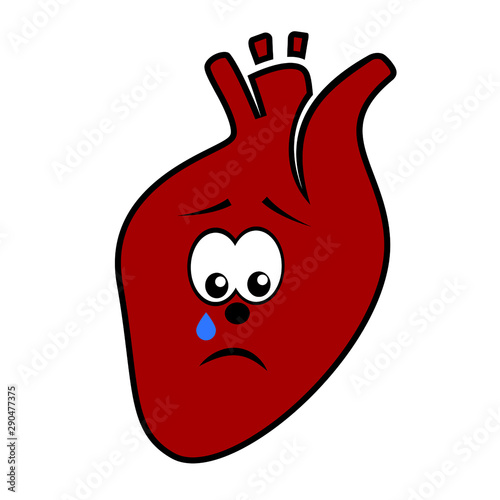 Unhappy unhealthy crying heart cartoon character vector icon isolated on white.
