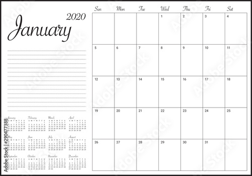 January 2020 desk calendar vector illustration