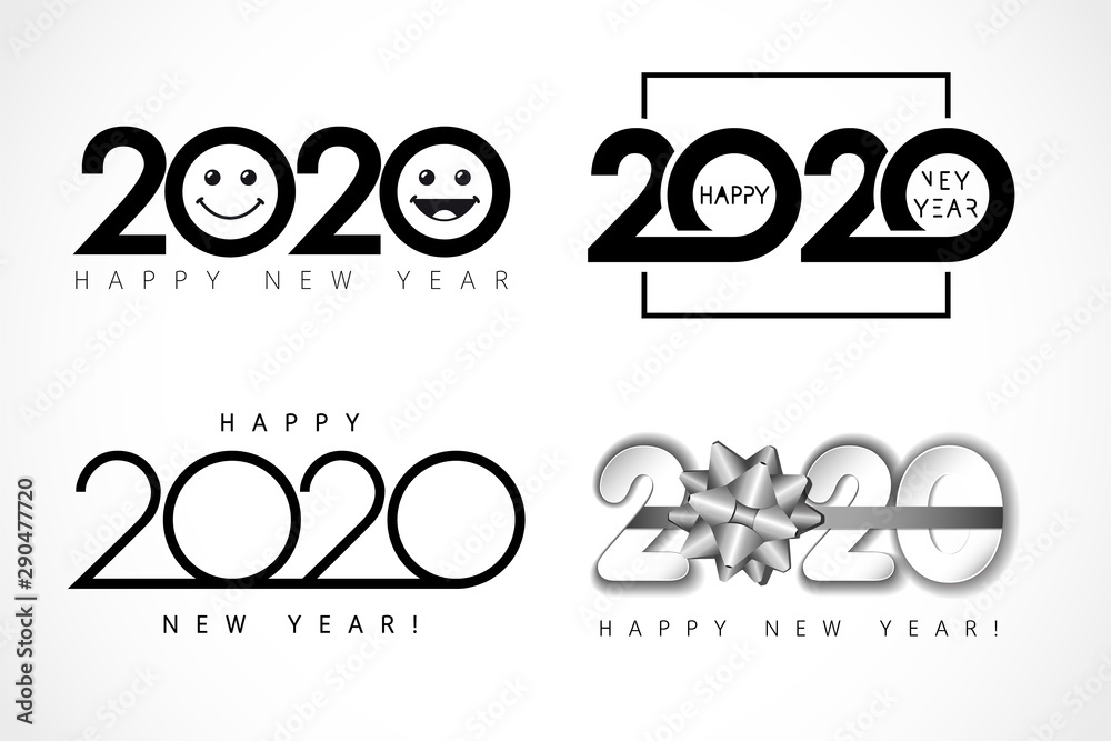 Big set of logo 2020 text design with smile and silver bow. Collection of Happy New Year label and happy holidays template greeting card. Vector illustration isolated on white background