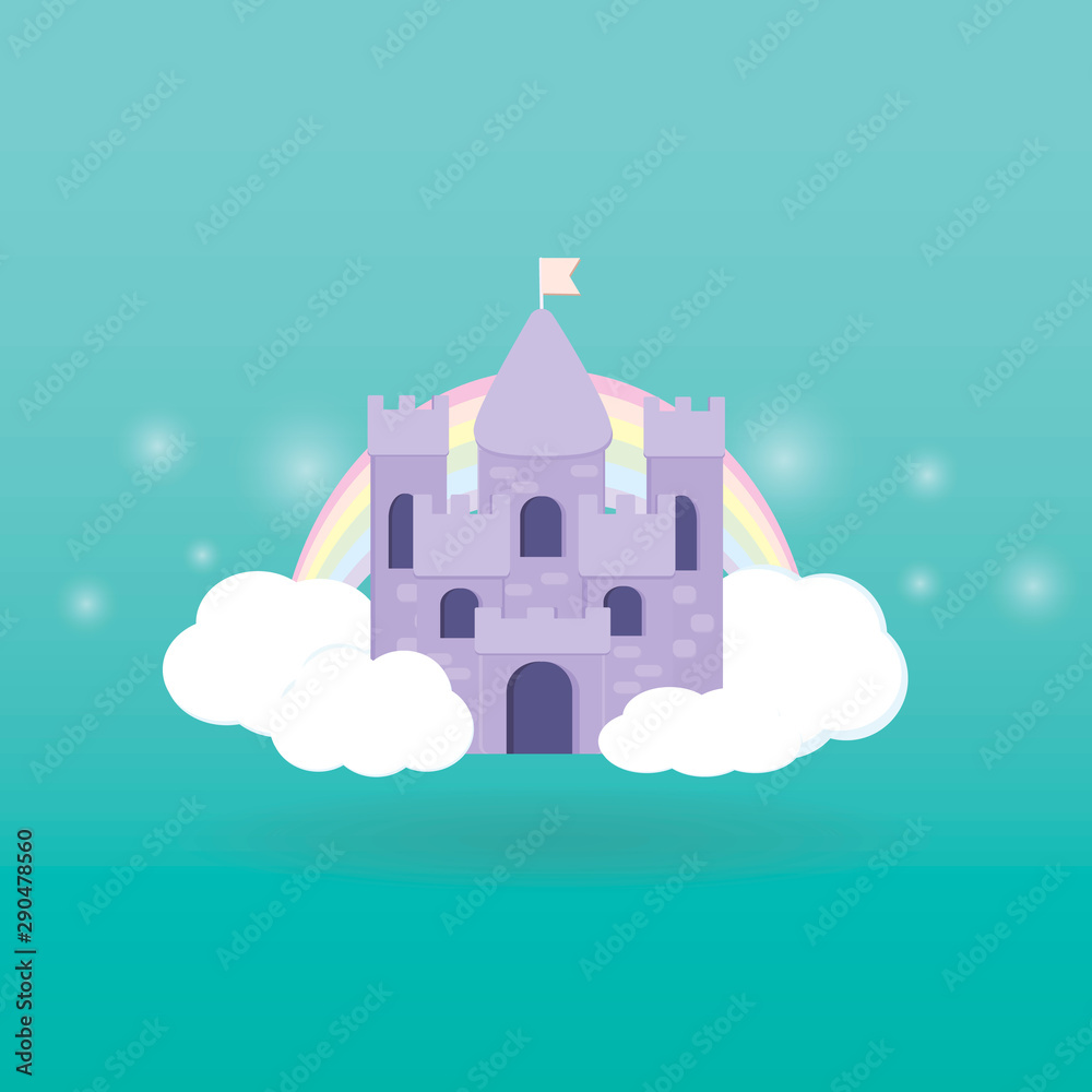 Cartoon medieval fun pink castle with flag. Magic cartoon castle for princess from fairy tale icon. Funny pink cartoon castle with decoration background.