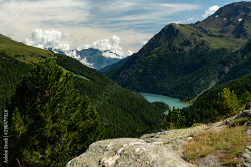 Martell valley and lake Zufrittsee on a sunny day in summer