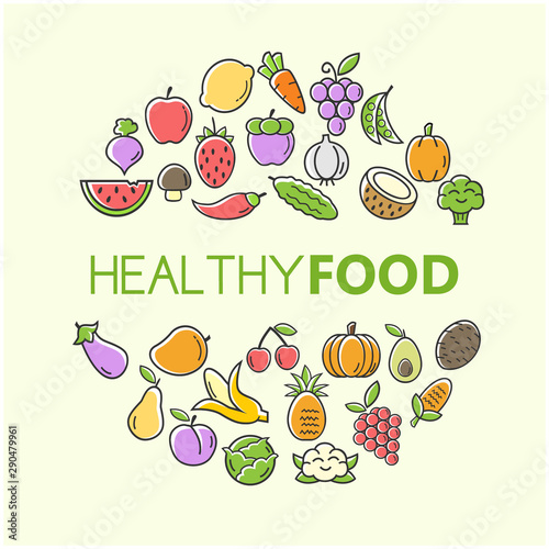 natural healthy food and vegetablrs vector background with flat icons design