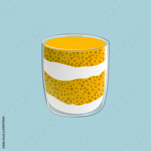 Chia seed pudding. Healthy vegan snack in glass with mango and cream. Vector illstration isolated on blue background.