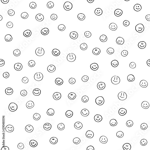 Smile icon. Many smiles. Vector seamless pattern. Customized color. For printing on fabric, postcards, social media post, advertising. Happy emotion, happy face, smiling face. Fun doodle background..