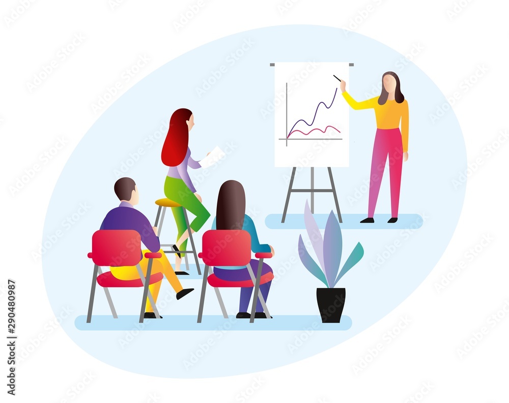 Fototapeta premium A female worker in a yellow sweater and pink trousers shows a presentation on the stand. Group of workers at the presentation. Flat vector illustration isolated on white background.
