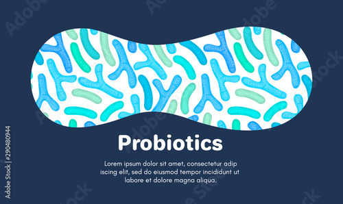 Vector background with probiotics. Bifidobacterium, lactobacillus. Lactic acid bacterium. Microbiome. Medicine or dietary supplement. Landing page, banner, mailing, advertising, label, presentation