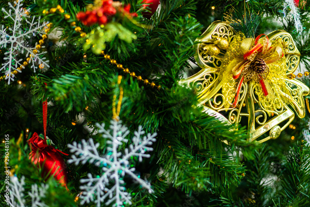 Close up of Colorful balls on Green Christmas tree background Decoration During Christmas and New Year. Close up of Colorful balls on Green Christmas tree background Decoration During Christmas and New Year.