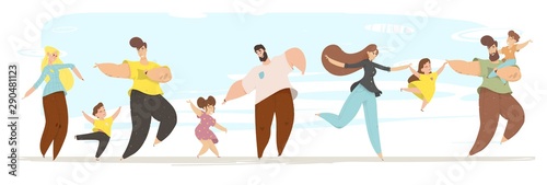 Set of People Characters Adults Kids Stand in Row