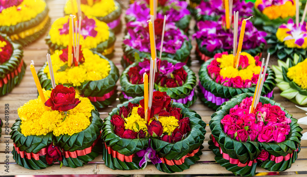 Krathong of floating basket by banana leaf Thai style for Loy Krathong Festival or Thai New Year and river goddess worship ceremony,the full moon of the 12th month Be famous festival of Thailand.