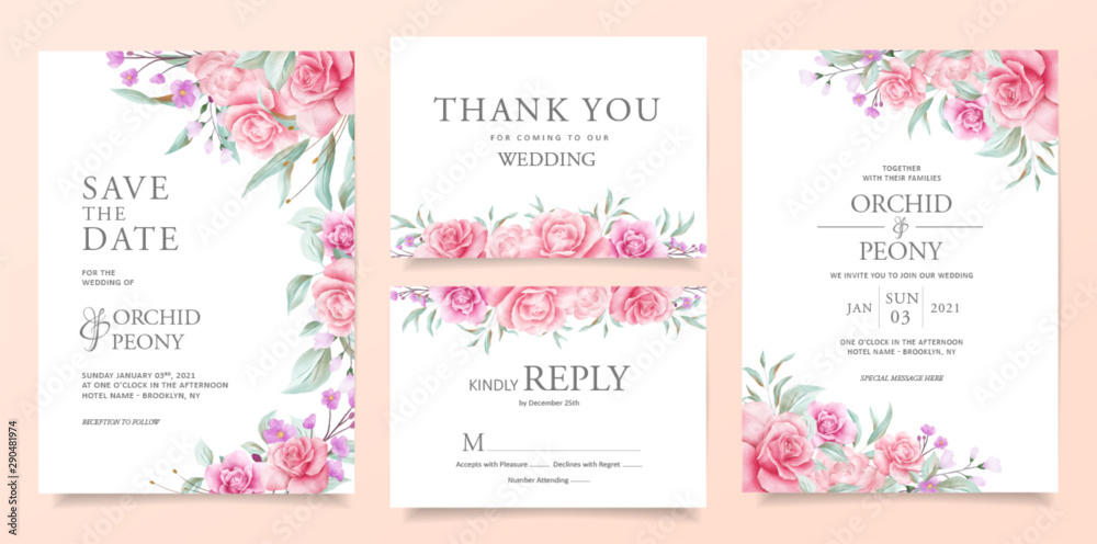Botanic wedding invitation card template set with soft watercolor flowers  and leaves decoration. Garden roses and peonies card background bundle  Stock Vector | Adobe Stock