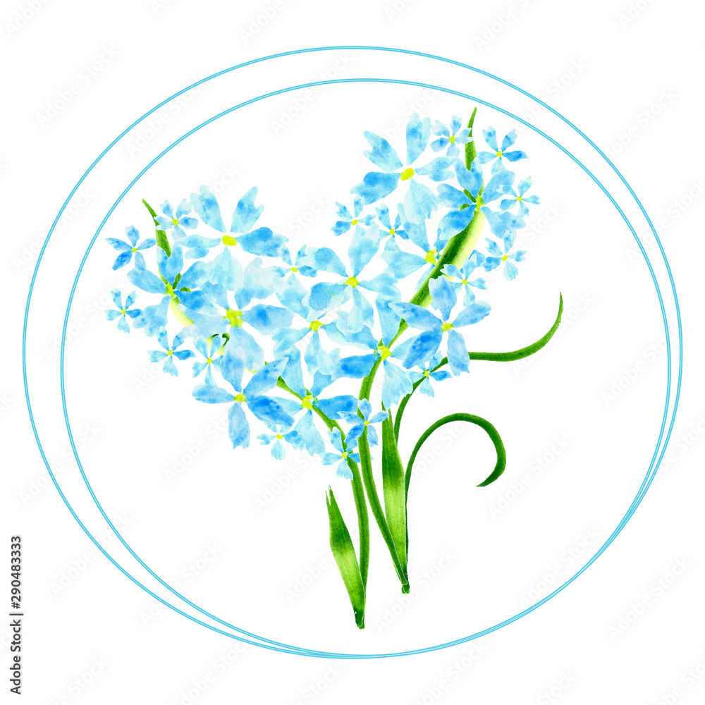 Beautiful and delicate bouquet of blue flowers. Spring or summer botanical watercolor illustration for design, greeting cards, invitations and expression of attention. Beautiful and delicate bouquet of blue flowers. Spring or summer botanical watercolor illustration for design, greeting cards, invitations and expression of attention.