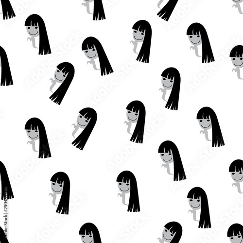 Halloween seamless pattern girl ghosts with smile on a white background.