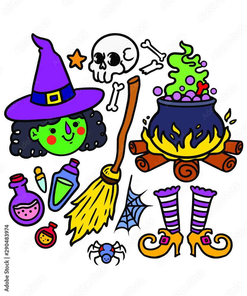 Cute cartoon halloween witch set
