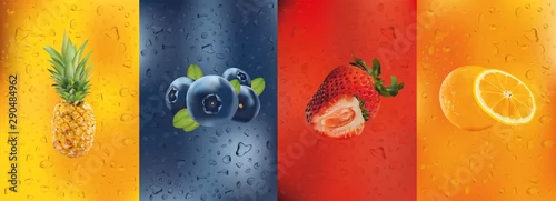 Obraz Fresh juice, pineapple, orange, strawberry, blueberry. Cocktail with fruits. Drink. 3D fresh fruits. Fruit splashes close up. Drops juice. Vector illustration.