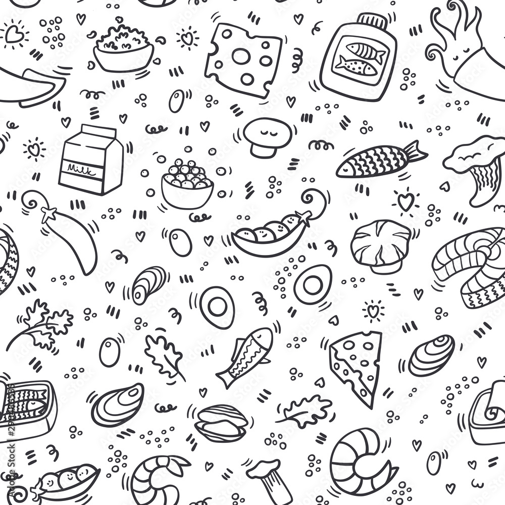 Protein seamless pattern. Background with healthy food and nutrition.  Outline food pattern with pork, meat, shrimp, egg, cheese, sausage, fish.  Healthy food texture for textile, linen, menu. Stock Vector | Adobe Stock
