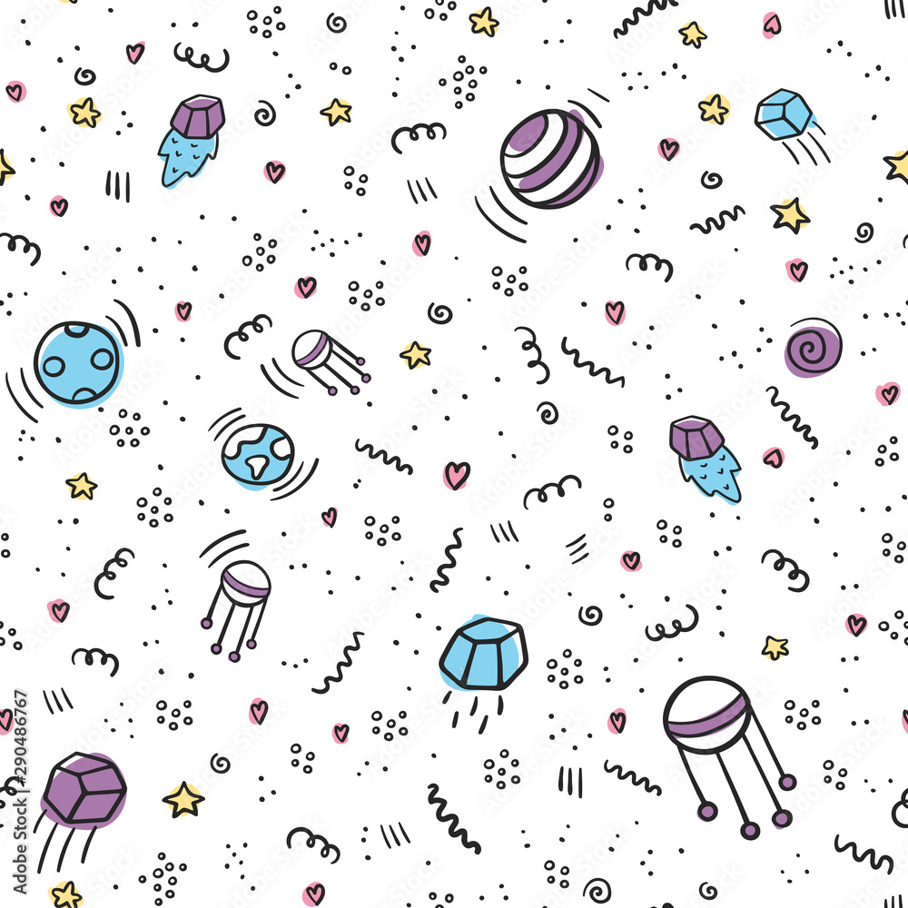 Space with stars, planets, satellite and meteorites. Hand-drawn doodle pattern. Universe seamless pattern for kids. Cosmic objects background. Vector universe texture for textile, wrapping, linen
