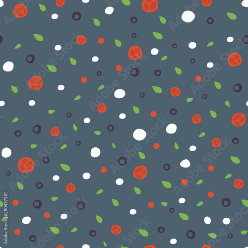 Pizza ingredient vector seamless pattern with mozzarella basil cherry olive on dark background. Sliced vegetable background flat style. Endless backdrop for pizzeria menu. Food texture for wrapping