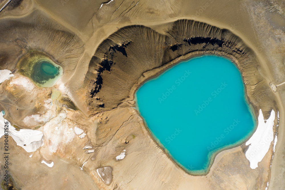 Aerial view of small volcanic Krafla lake with azure water,Iceland