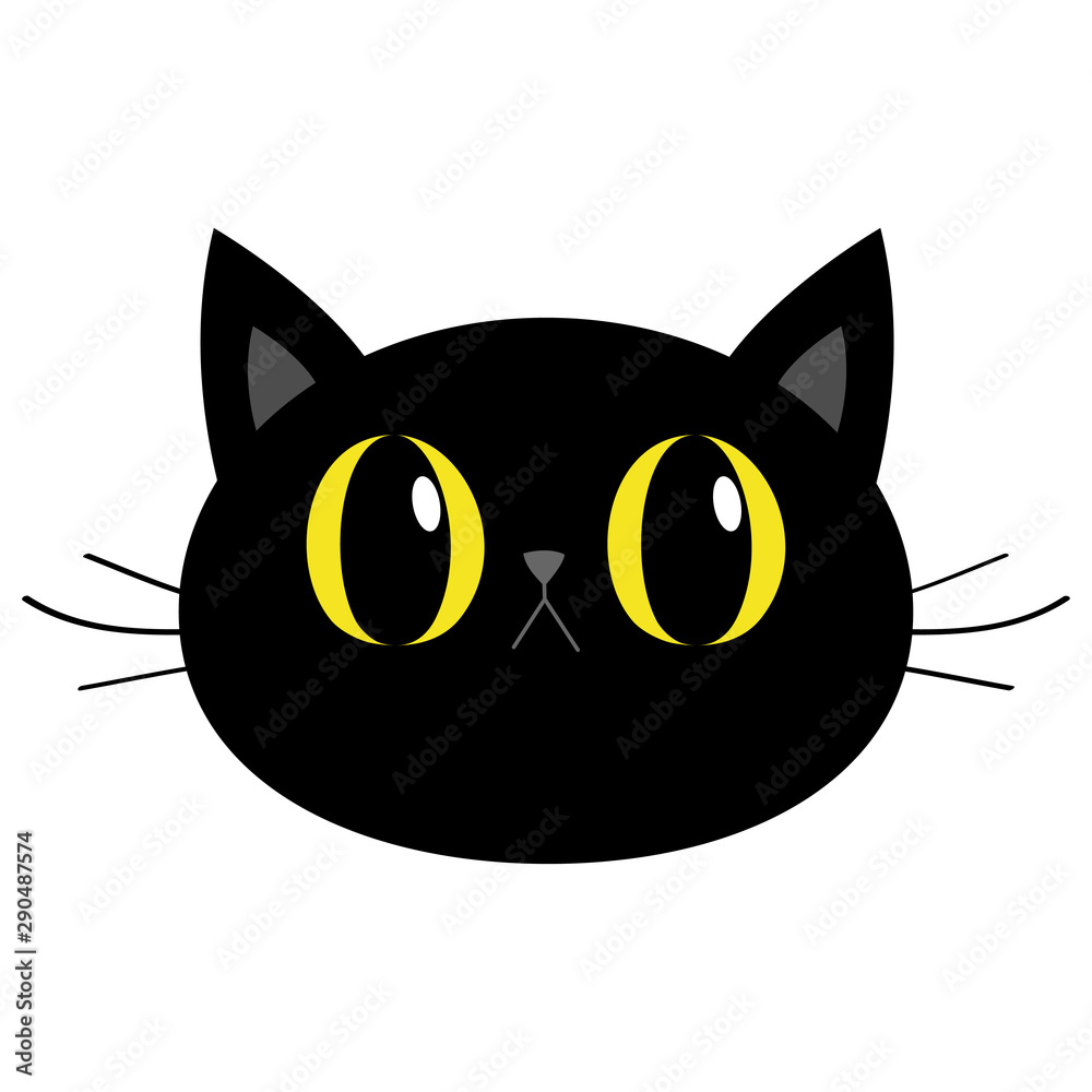 Black cat round head face icon. Cute funny cartoon character. Big yellow eyes. Sad emotion. Kitty Whisker Baby pet collection. White background. Isolated. Flat design.