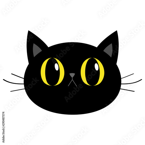 Black cat round head face icon. Cute funny cartoon character. Big yellow eyes. Sad emotion. Kitty Whisker Baby pet collection. White background. Isolated. Flat design.