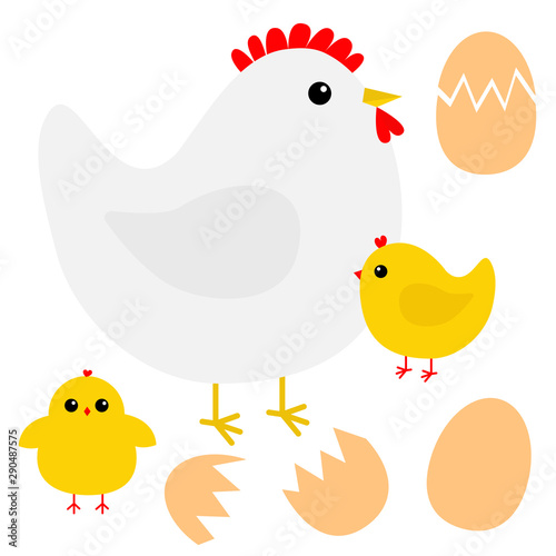 Hen chicken broken cracked egg bird icon. Happy Easter. Cute cartoon funny kawaii baby chick character. Flat design. Greeting card. Yellow color. White background. Isolated.