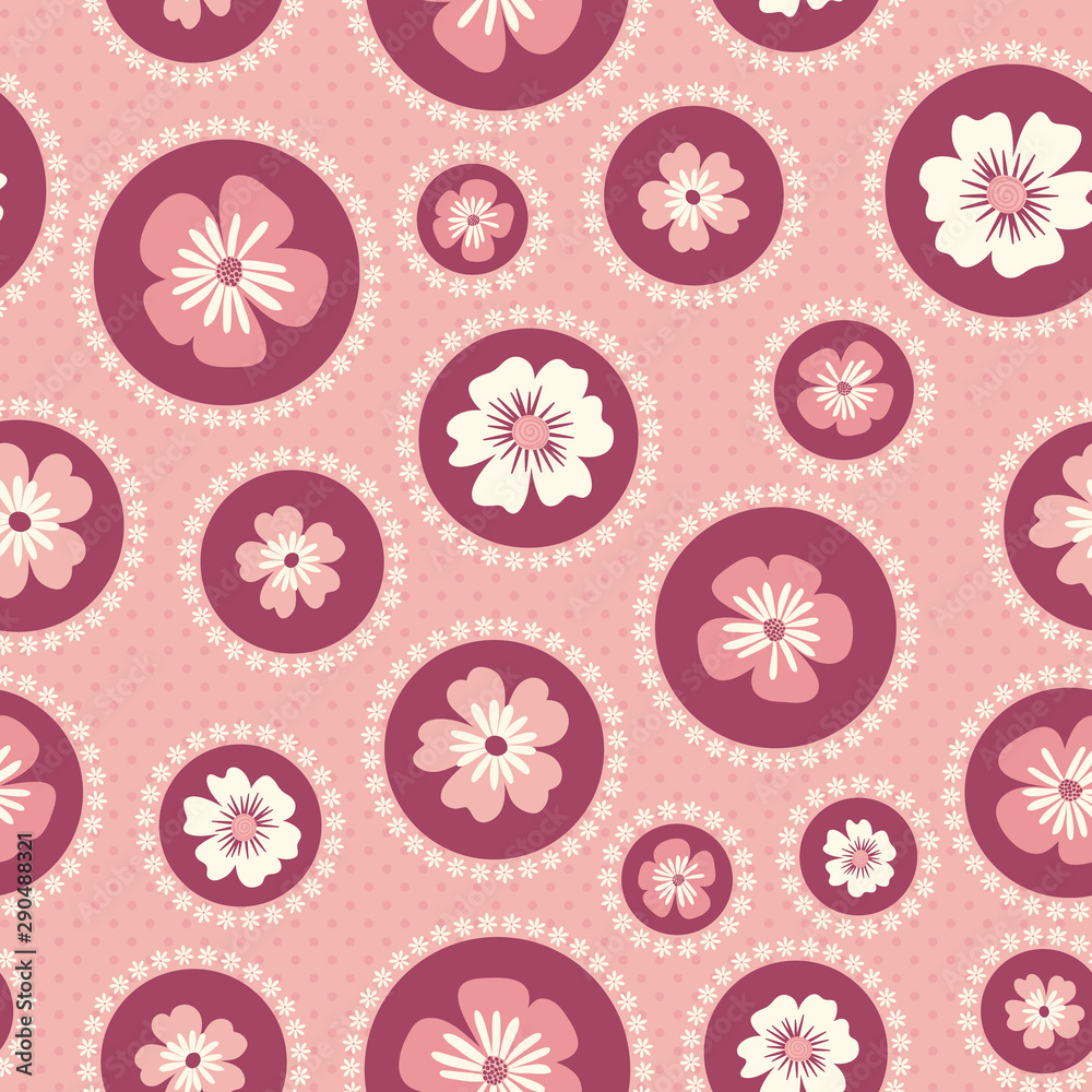 Seamless pattern of encircled flowers on a polka dotted pink background. Seamless pattern of encircled flowers on a polka dotted pink background.