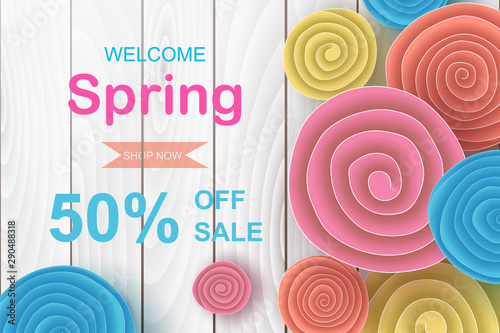 Horizontal spring sale banner design.Creative design Origami paper cut and craft style with flowers roll circle for online shopping,Frame for advertising magazines and websites.Vector illustration.