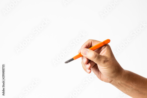 male hand holding tweezers isolated in white background