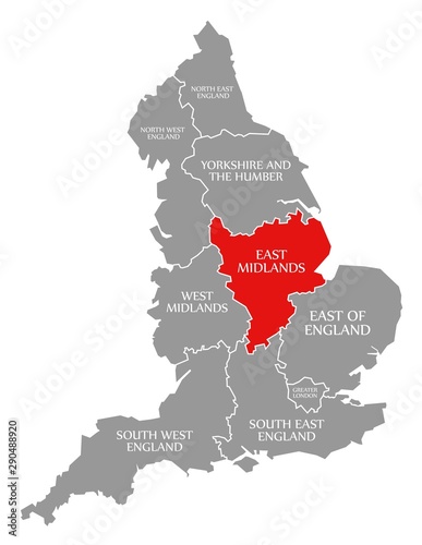 East Midlands red highlighted in map of England UK