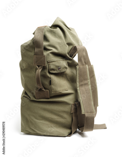 Backpack from fabric of color khaki on white background