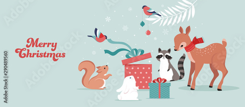 Cute forest animals, winter and Christmas scene with deer, bunny, raccoon, bear and squirrel. Perfect for banner, greeting card, apparel and label design. Vector illustration