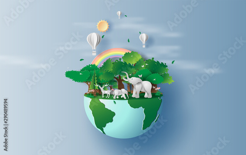 illustration of elephants in forest,Creative Origami design world environment and earth day paper cut and craft concept.Landscape Wildlife animal with Deer in nature by rainbow and balloons.vector.