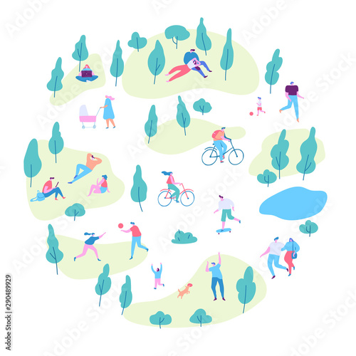 Various people at spring or summer park. Vector background. Leisure outdoor activities - riding bicycles, walking dog, reading, picnic. Cartoon style flat vector illustration.