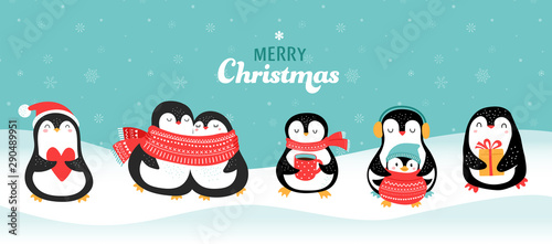 Cute hand drawn penguins collection, Merry Christmas greetings. Vector illustration