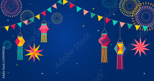 Happy Diwali Hindu festival banner, greeting card. Burning diya illustration, background for light festival of India