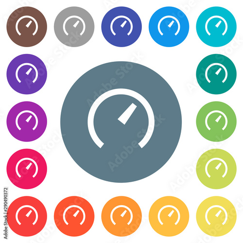 Speedometer flat white icons on round color backgrounds