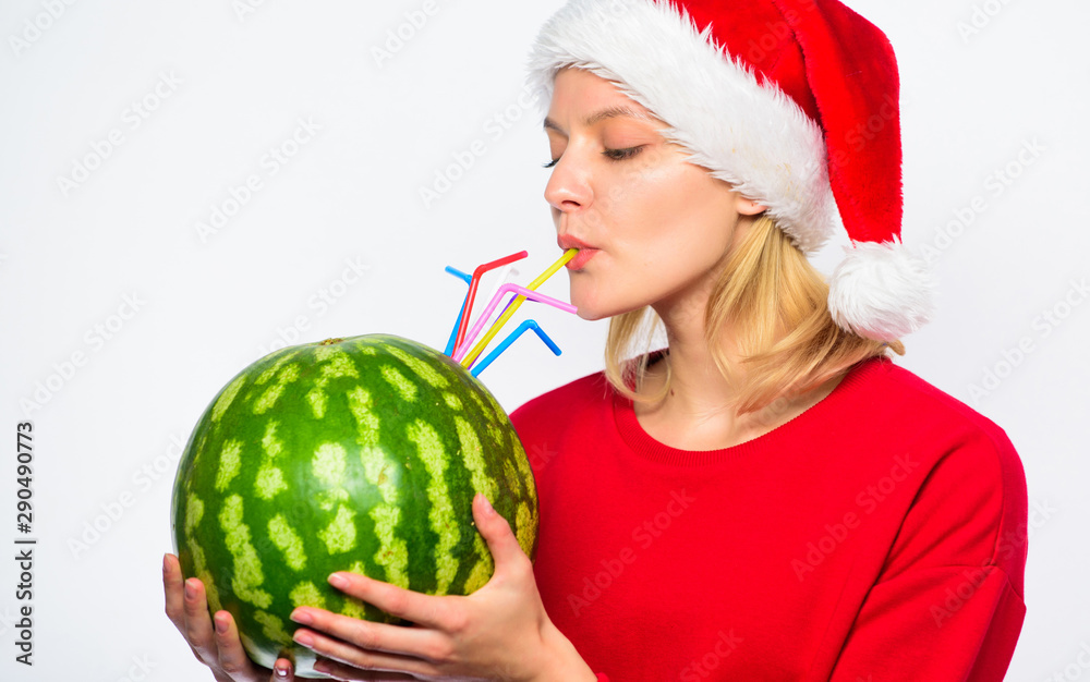 How detox after christmas. Winter detox concept. Woman enjoy detox drink. Ways to detox after christmas day. Health care concept. Girl wear santa hat drink watermelon cocktail straw white background How detox after christmas. Winter detox concept. Woman enjoy detox drink. Ways to detox after christmas day. Health care concept. Girl wear santa hat drink watermelon cocktail straw white background