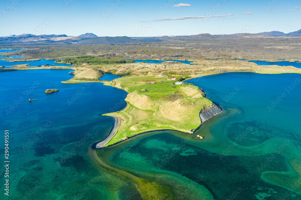 volcanic craters in Iceland aerial view from above, Myvatn lake