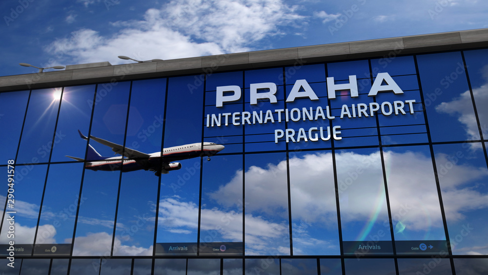 Airplane landing at Praha, Prague mirrored in terminal - obrazy, fototapety, plakaty 