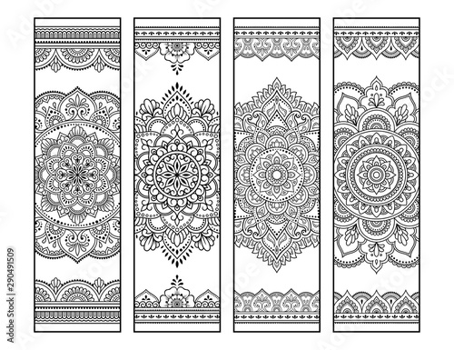 Printable bookmark for book - coloring. Set of black and white labels with mandala patterns, hand draw in mehndi style. Sketch of ornaments for creativity of children and adults with colored pencils.