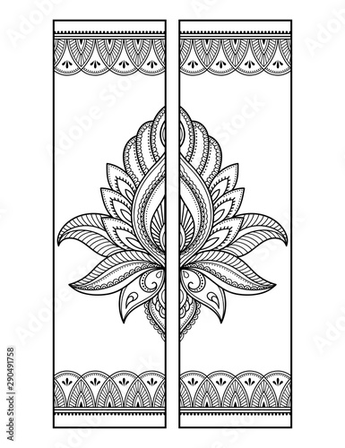 Printable bookmark  - coloring. Set of black and white labels with lotus flower patterns, hand draw in mehndi style. Sketch of ornaments for creativity of children and adults with colored pencils.